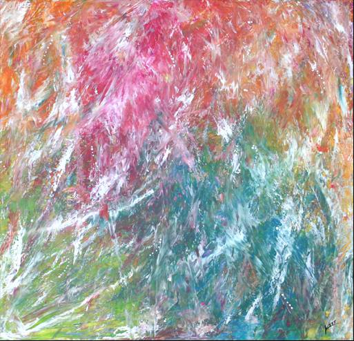Fire Sky, abstract acrylic painting with swirling pink, orange, teal and white brushstrokes creating a fiery sky effect