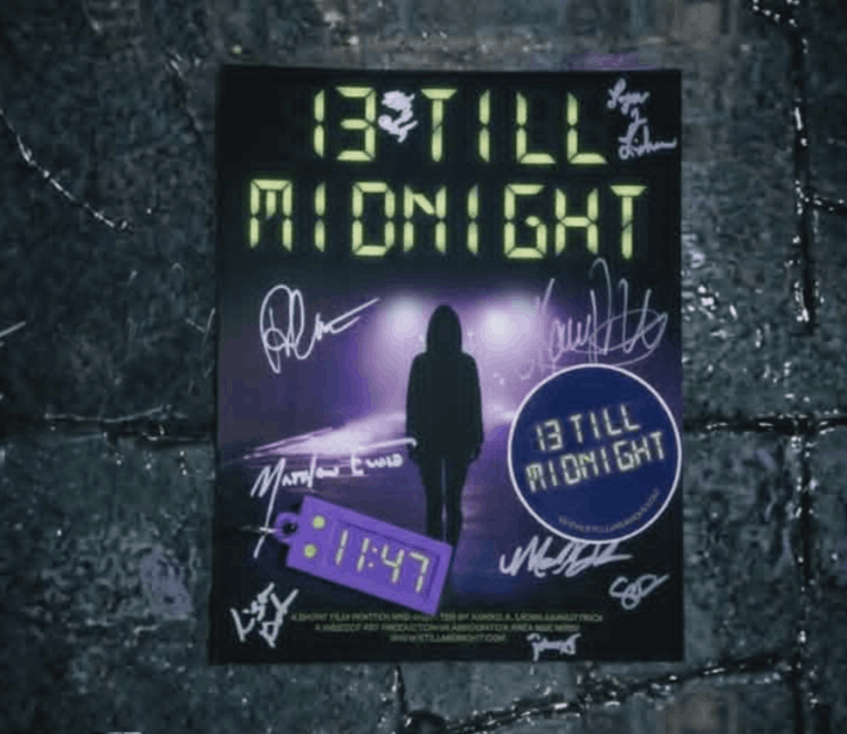 13 till midnight poster, keychain, sticker on a wet road