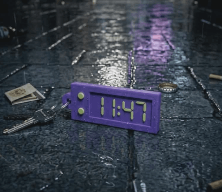 13 till midnight  11:47 keychain  on a wet road