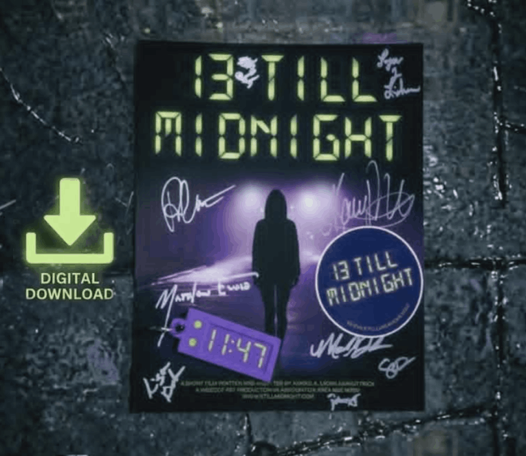 13 till midnight poster, keychain, sticker and digital download icon on a wet road